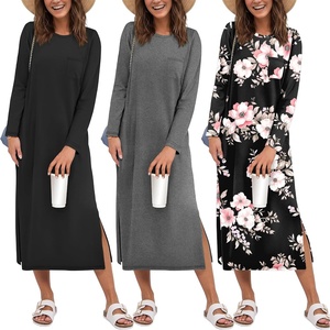 Ekouaer 3 Pack Long Sleeve Full Length Chest Pocket Nightgowns for Women(Black&deep Gray&black Flower)