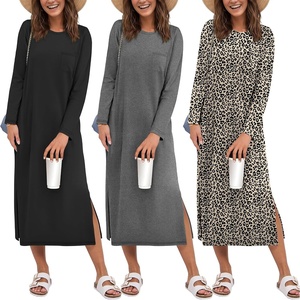 Ekouaer 3 Pack Long Sleeve Full Length Chest Pocket Nightgowns for Women(Black&deep Gray&leopard)