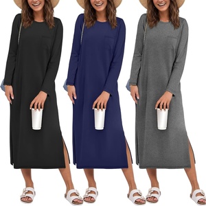 Ekouaer 3 Pack Long Sleeve Full Length Chest Pocket Nightgowns for Women(Black&deep Gray&navy Blue)