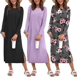 Ekouaer 3 Pack Long Sleeve Full Length Chest Pocket Nightgowns for Women(Black&lilac&purple Flower)
