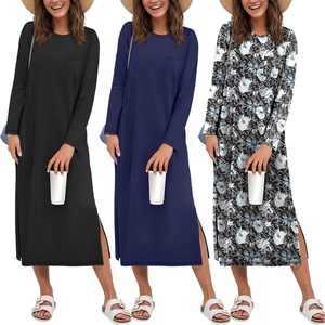 Ekouaer 3 Pack Long Sleeve Full Length Chest Pocket Nightgowns for Women(Black&navy Blue&black Flower)