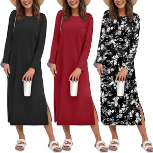 Ekouaer 3 Pack Long Sleeve Full Length Chest Pocket Nightgowns for Women(Black&wine Red&black Flower)