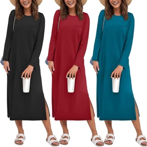 Ekouaer 3 Pack Long Sleeve Full Length Chest Pocket Nightgowns for Women(Black&wine Red&blue Green)