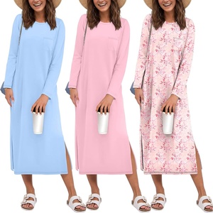 Ekouaer 3 Pack Long Sleeve Full Length Chest Pocket Nightgowns for Women(Light Blue&pink&pink Flower)