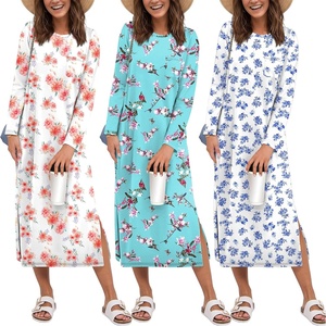 Ekouaer 3 Pack Long Sleeve Full Length Chest Pocket Nightgowns for Women(Pink Flower&blue Flower&white Flower)