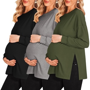 Ekouaer 3 Packs Maternity Shirts Split Side Pregnancy Workout Tops(3pcs- Black + Army Green + Grey)