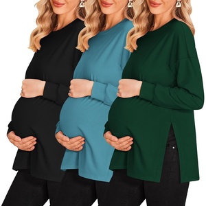Ekouaer 3 Packs Maternity Shirts Split Side Pregnancy Workout Tops(3pcs- Black + Green + Teal)