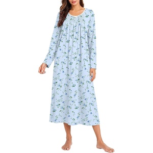 Ekouaer Cotton Nightgowns for Women Long Sleeve Night Gown(Blue Floral)