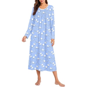 Ekouaer Cotton Nightgowns for Women Long Sleeve Night Gown(Blue White Bird)