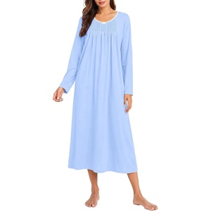 Ekouaer Cotton Nightgowns for Women Long Sleeve Night Gown(Clear Blue)