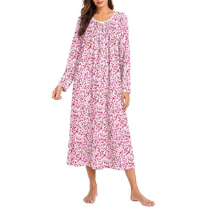 Ekouaer Cotton Nightgowns for Women Long Sleeve Night Gown(Pink Floral)