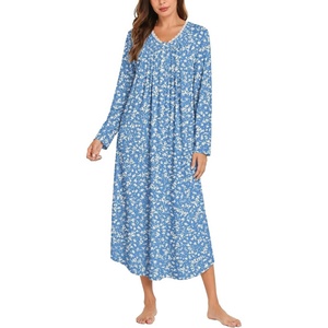 Ekouaer Cotton Nightgowns for Women Long Sleeve Soft Nightgown Sleepshirt(Blue Floral)