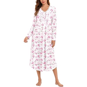 Ekouaer Cotton Nightgowns for Women Long Sleeve Soft Nightgown Sleepshirt(Bowknot Hydrangea)