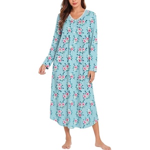 Ekouaer Cotton Nightgowns for Women Long Sleeve Soft Nightgown Sleepshirt(Light Blue Floral)