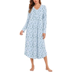 Ekouaer Cotton Nightgowns for Women Long Sleeve Soft Nightgown Sleepshirt(Light Blue Flower)
