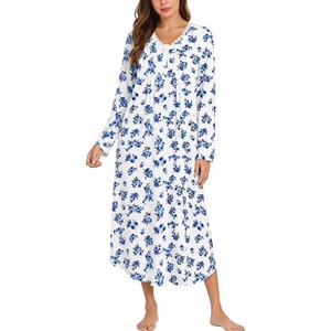Ekouaer Cotton Nightgowns for Women Long Sleeve Soft Nightgown Sleepshirt(White Blue Flower)