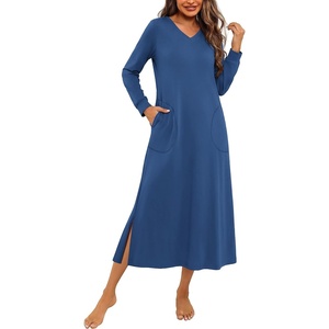 Ekouaer Long Cotton Nightgowns for Women Soft Comfy Sleepshirt with Pockets(Blue)