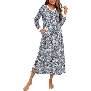 Ekouaer Long Cotton Nightgowns for Women Soft Comfy Sleepshirt with Pockets(Blue Floral)
