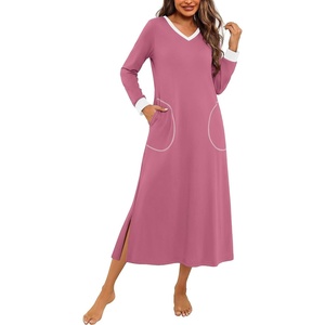 Ekouaer Long Cotton Nightgowns for Women Soft Comfy Sleepshirt with Pockets(Dark Pink)