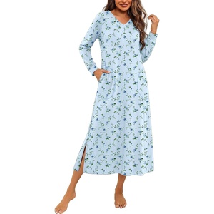 Ekouaer Long Cotton Nightgowns for Women Soft Comfy Sleepshirt with Pockets(Light Blue Floral)