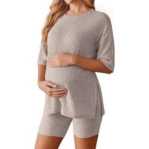 Ekouaer Maternity Sets Two Piece Outfits Ribbed Pregnancy Loungewear(Beige)