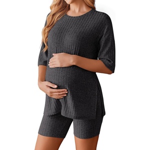 Ekouaer Maternity Sets Two Piece Outfits Ribbed Pregnancy Loungewear(Dark Grey)