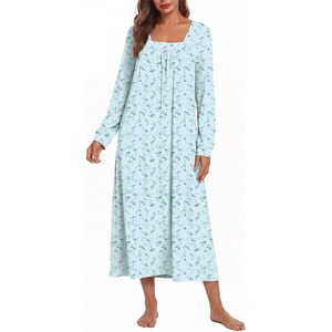 Ekouaer Women’s Cotton Nightgown Long Sleeve Sleepshirt Long Sleep Dress(Blue Floral)
