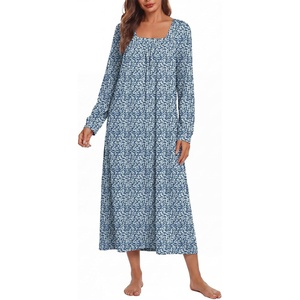 Ekouaer Women’s Cotton Nightgown Long Sleeve Sleepshirt Long Sleep Dress(Blue With White Flowers)