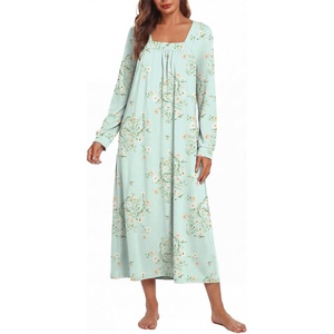 Ekouaer Women’s Cotton Nightgown Long Sleeve Sleepshirt Long Sleep Dress(Green Floral)