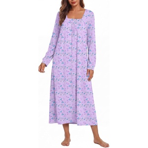 Ekouaer Women’s Cotton Nightgown Long Sleeve Sleepshirt Long Sleep Dress(Purple Floral)