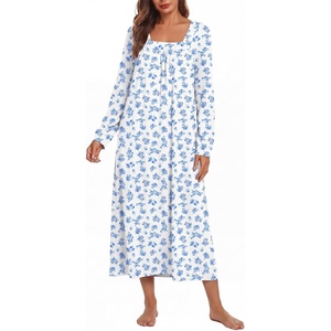 Ekouaer Women’s Cotton Nightgown Long Sleeve Sleepshirt Long Sleep Dress(White With Blue Flowers)