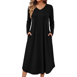 Ekouaer Women’s Long Sleeve Nightgown Long Sleepshirt Pleated Sleep Dress(Black)