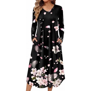 Ekouaer Women’s Long Sleeve Nightgown Long Sleepshirt Pleated Sleep Dress(Black Begonia)