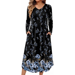 Ekouaer Women’s Long Sleeve Nightgown Long Sleepshirt Pleated Sleep Dress(Black Blue Floral)