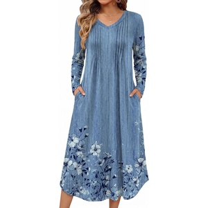 Ekouaer Women’s Long Sleeve Nightgown Long Sleepshirt Pleated Sleep Dress(Blue Floral)