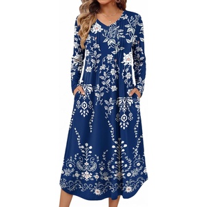 Ekouaer Women’s Long Sleeve Nightgown Long Sleepshirt Pleated Sleep Dress(Floral Navy)