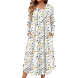 Ekouaer Women’s Long Sleeve Nightgown Long Sleepshirt Pleated Sleep Dress(Flower White)