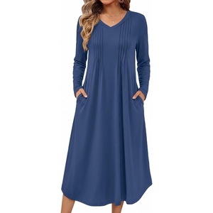 Ekouaer Women’s Long Sleeve Nightgown Long Sleepshirt Pleated Sleep Dress(Navy)
