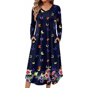 Ekouaer Women’s Long Sleeve Nightgown Long Sleepshirt Pleated Sleep Dress(Navy Blue Butterfly)