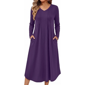Ekouaer Women’s Long Sleeve Nightgown Long Sleepshirt Pleated Sleep Dress(Purple)