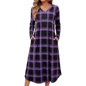 Ekouaer Women’s Long Sleeve Nightgown Long Sleepshirt Pleated Sleep Dress(Purple Black Plaid)