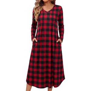 Ekouaer Women’s Long Sleeve Nightgown Long Sleepshirt Pleated Sleep Dress(Red Black Plaid)