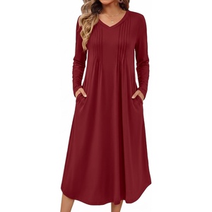 Ekouaer Women’s Long Sleeve Nightgown Long Sleepshirt Pleated Sleep Dress(Wine Red)