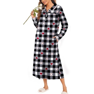 Ekouaer Womens Long Sleeve Nightgowns Christmas Nightgown Henley House Coat(Black White Plaid Heart)