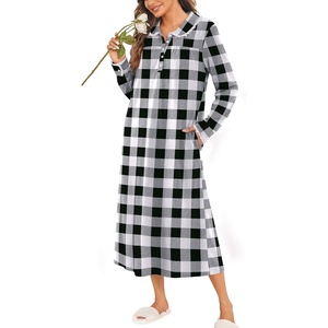 Ekouaer Womens Long Sleeve Nightgowns Christmas Nightgown Henley House Coat(Black and White Plaid)