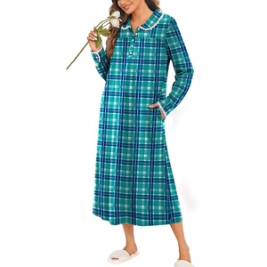 Ekouaer Womens Long Sleeve Nightgowns Christmas Nightgown Henley House Coat(Blue Green Plaid)