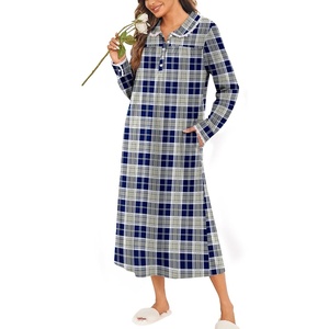 Ekouaer Womens Long Sleeve Nightgowns Christmas Nightgown Henley House Coat(Blue and Grey Plaid)