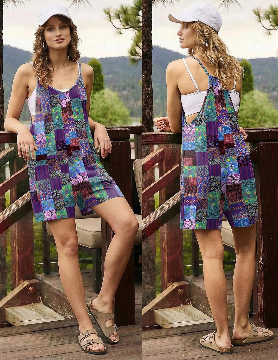 image:imageEkouaer Rompers for Women Summer Casual Boho Short Jumpsuits Beach OutfitsA Blue Boho Print