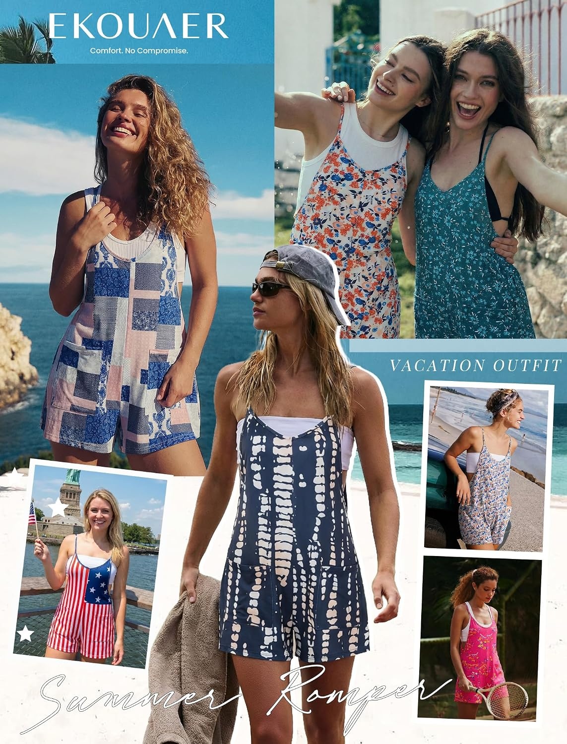 image:imageEkouaer Rompers for Women Summer Casual Boho Short Jumpsuits Beach OutfitsA Blue Boho Print