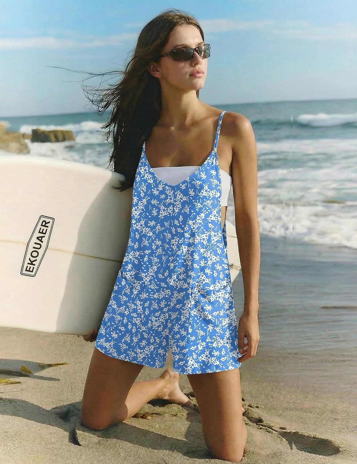 image:imageEkouaer Rompers for Women Summer Casual Boho Short Jumpsuits Beach OutfitsLight Blue Floral